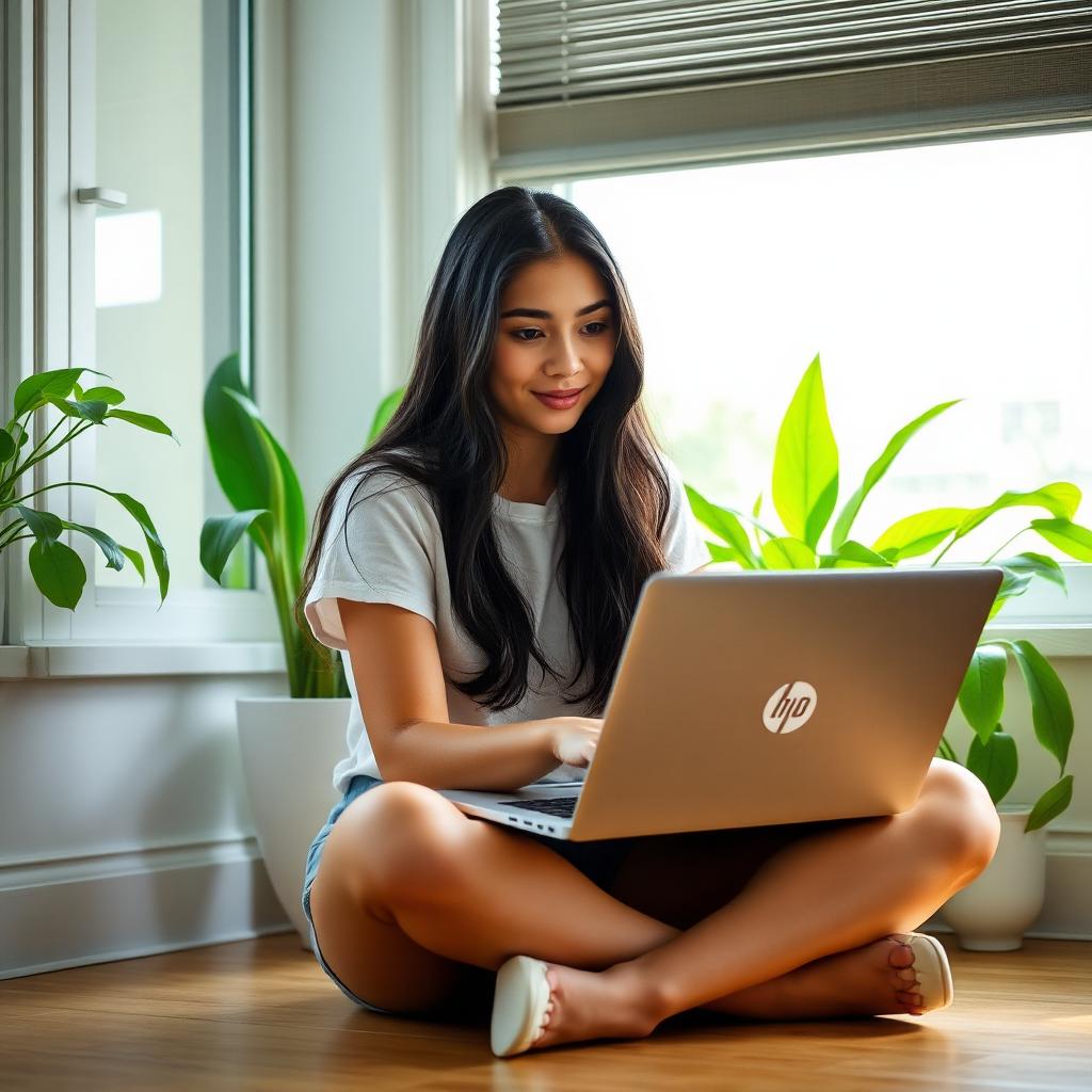 Student studying with a laptop by a sunny window