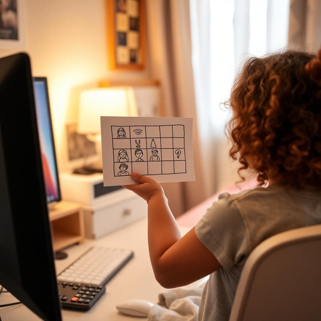 Child in an online class showing a drawing