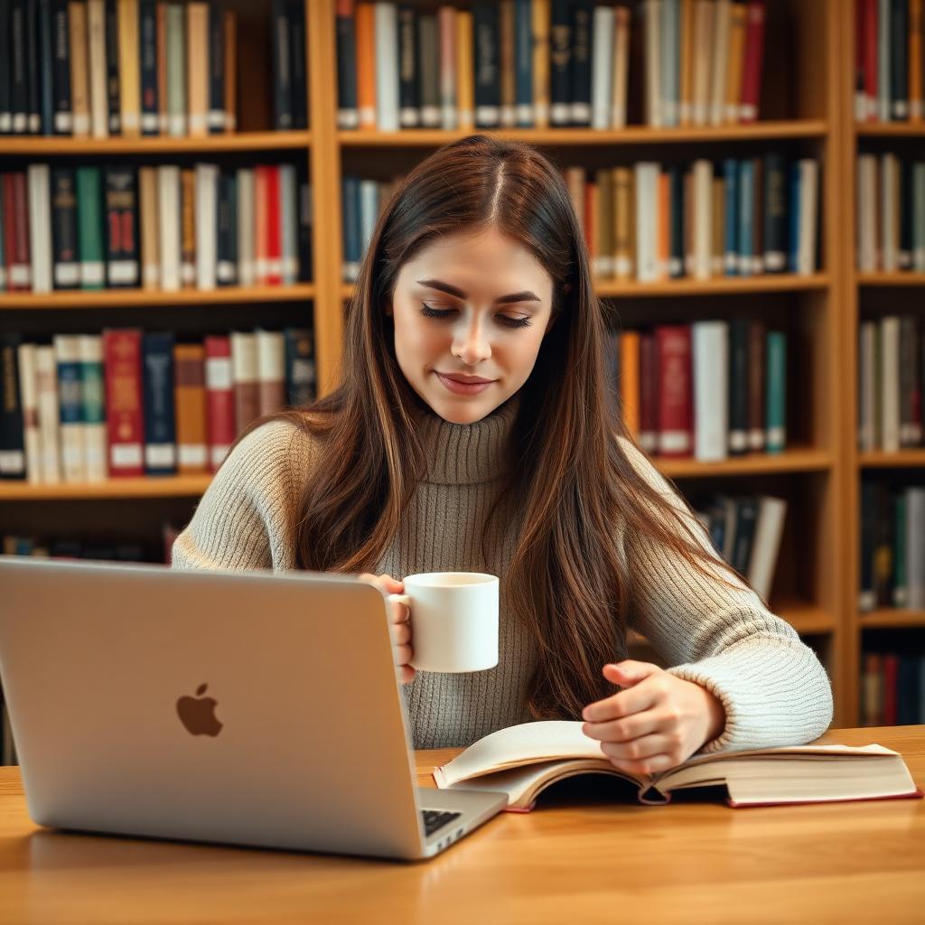 Woman studying with a laptop in a library