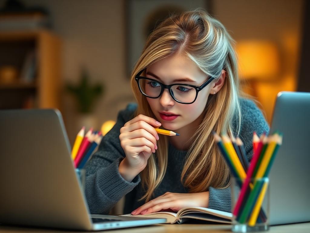 Student studying with colored pencils